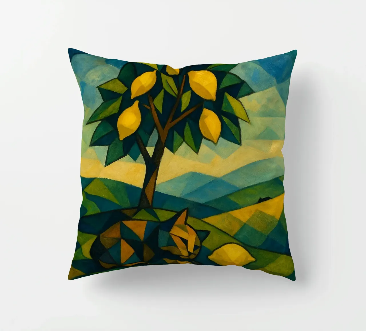 Cubist Lemon Hill with Distant Cat cuscino da LemonCat Studio