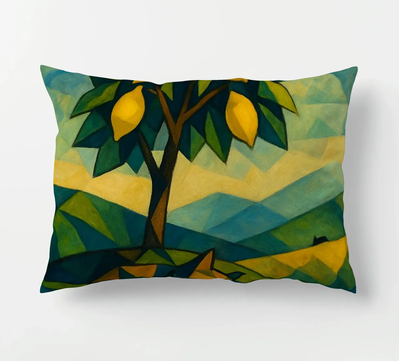Cubist Lemon Hill with Distant Cat cuscino da LemonCat Studio