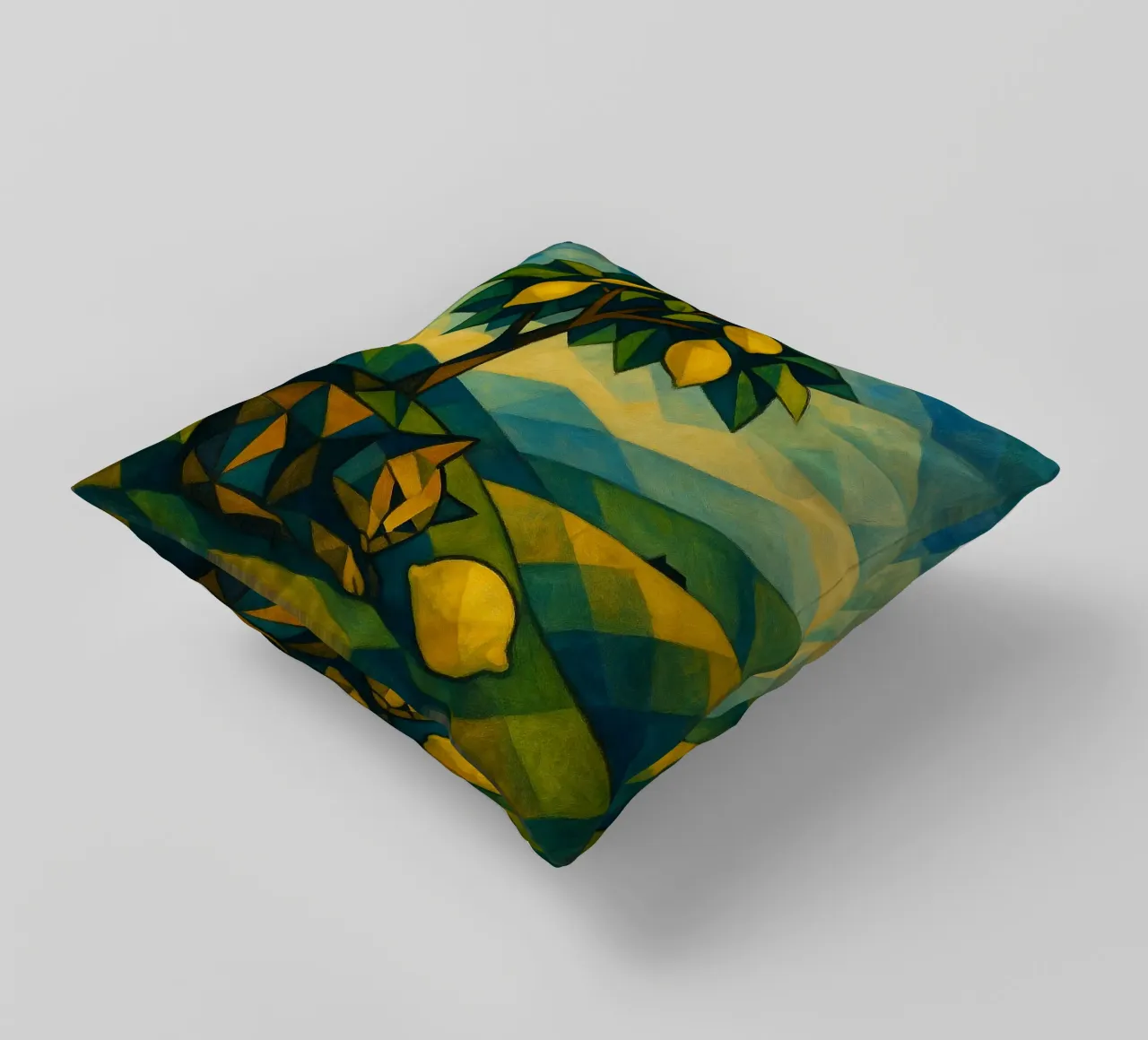 Cubist Lemon Hill with Distant Cat cuscino da LemonCat Studio