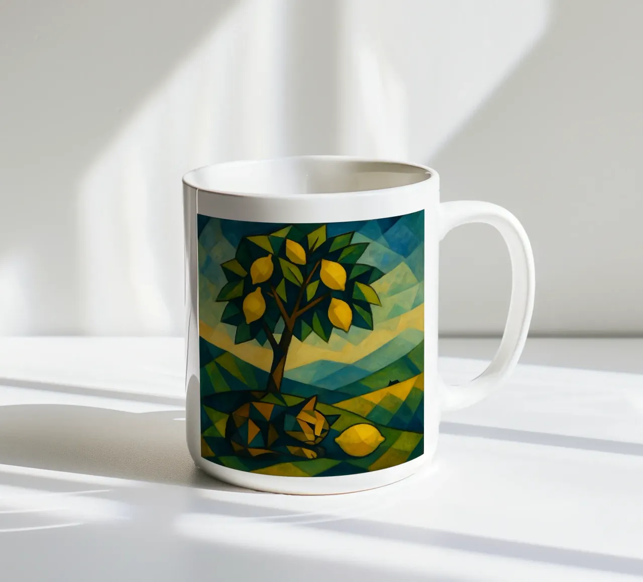 Cubist Lemon Hill with Distant Cat tazza in ceramica da LemonCat Studio