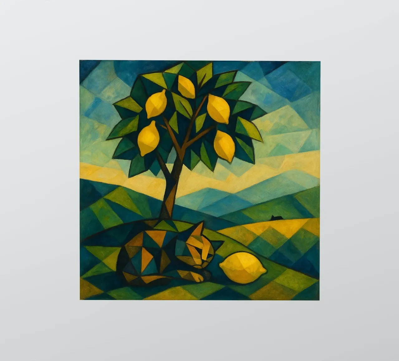 Cubist Lemon Hill with Distant Cat adesivo da LemonCat Studio