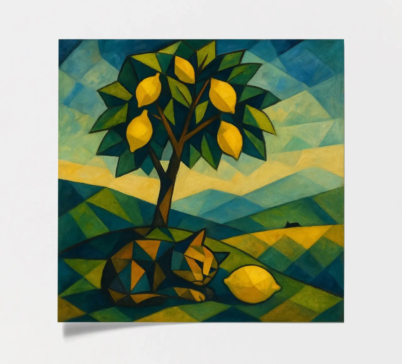 Cubist Lemon Hill with Distant Cat foglio adesivo da LemonCat Studio