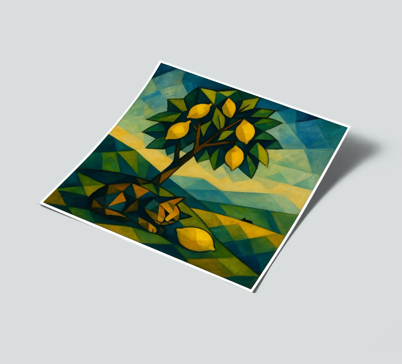 Cubist Lemon Hill with Distant Cat foglio adesivo da LemonCat Studio