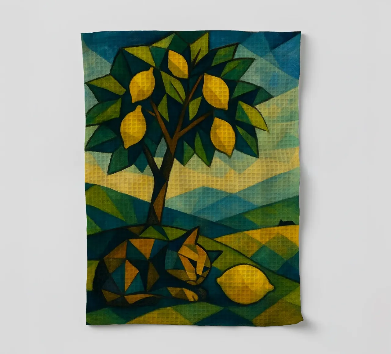Cubist Lemon Hill with Distant Cat canovaccio da cucina da LemonCat Studio