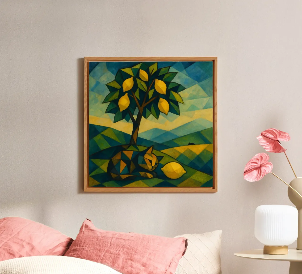 Cubist Lemon Hill with Distant Cat alluminio dibond da LemonCat Studio
