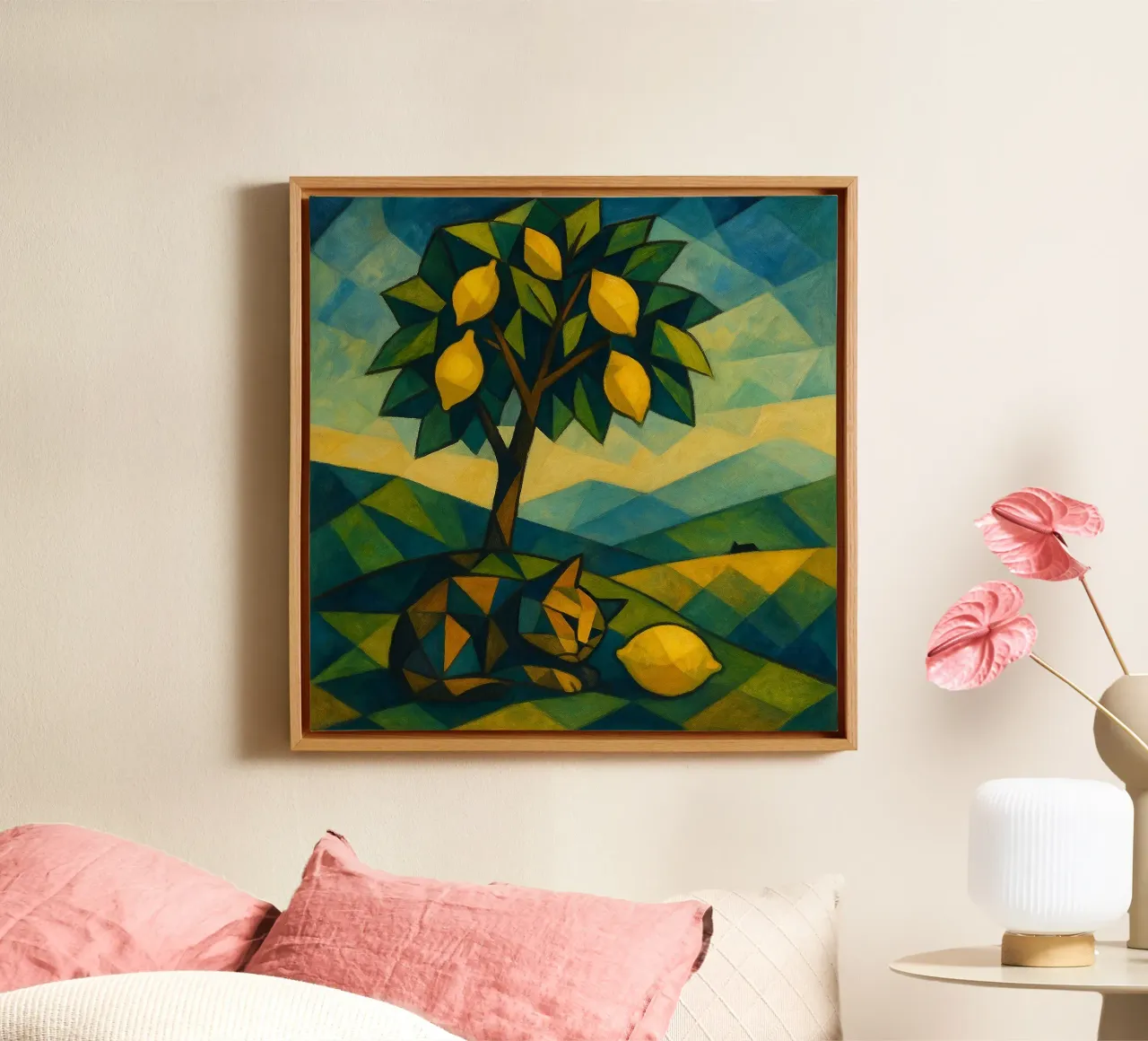 Cubist Lemon Hill with Distant Cat tela da LemonCat Studio