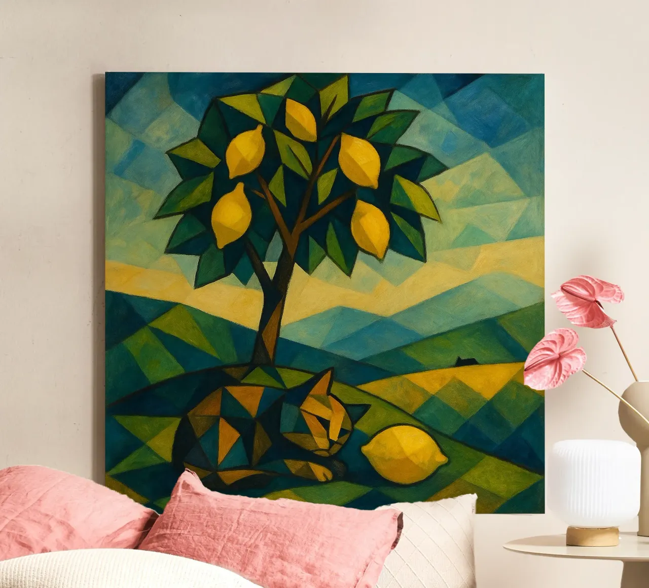 Cubist Lemon Hill with Distant Cat tela da LemonCat Studio