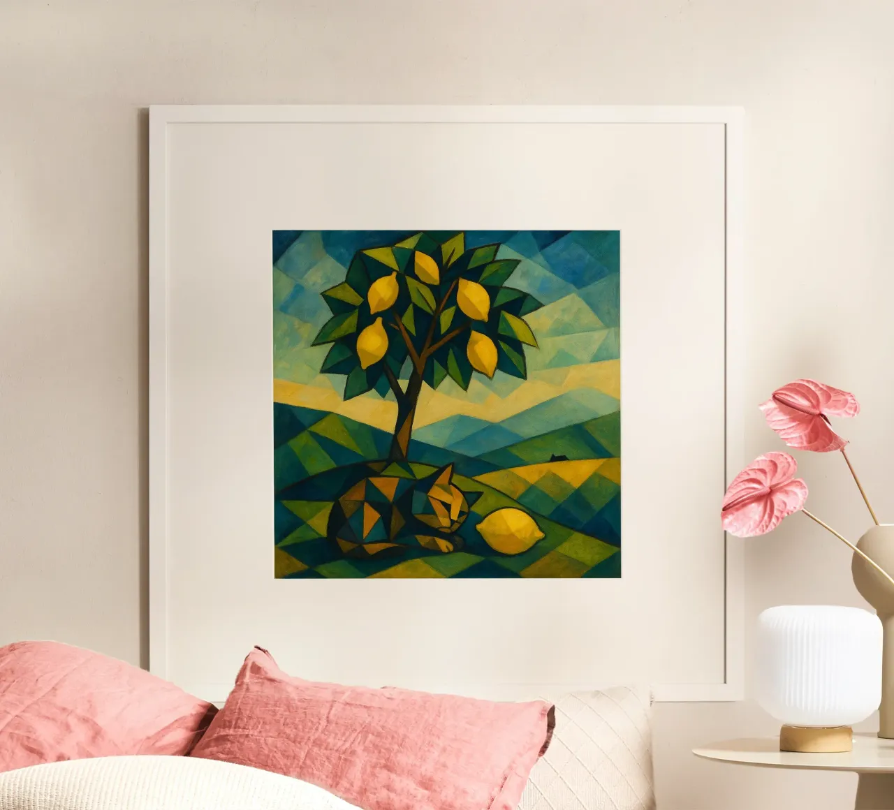 Cubist Lemon Hill with Distant Cat poster con telaio in plastica da LemonCat Studio