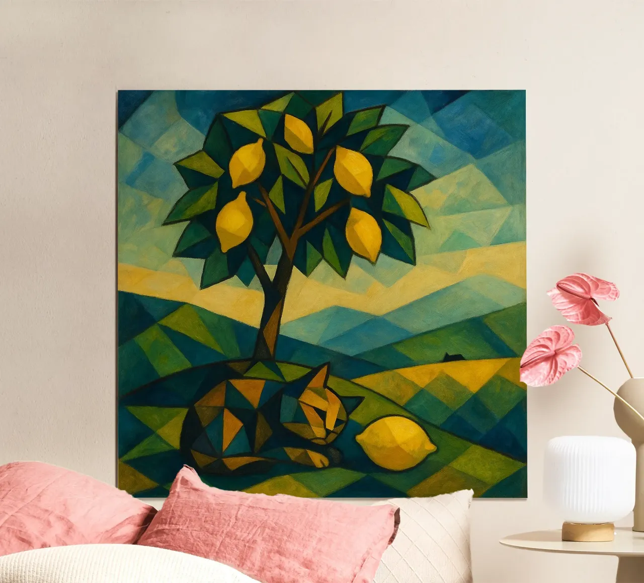 Cubist Lemon Hill with Distant Cat poster con telaio in plastica da LemonCat Studio