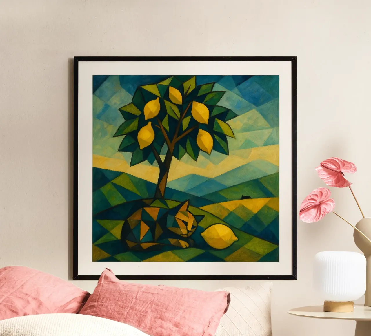 Cubist Lemon Hill with Distant Cat poster con telaio in plastica da LemonCat Studio