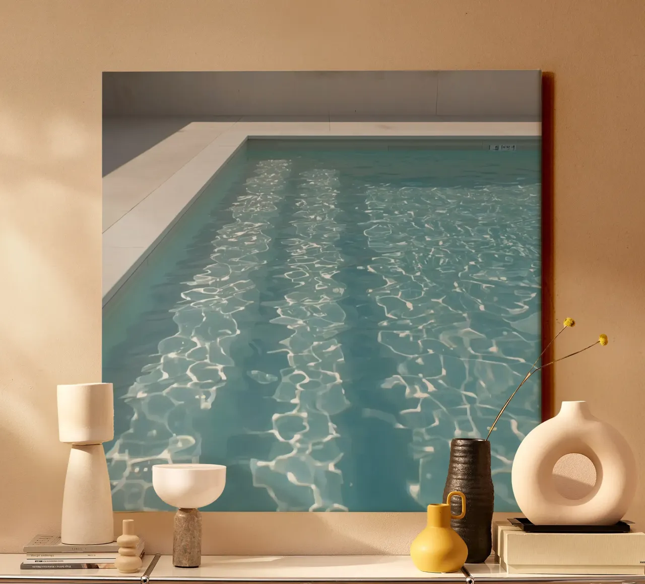 Rectangular Swimming Pool with Blue Water and Stone Surround canvas with Floater frame by DesignDoodle