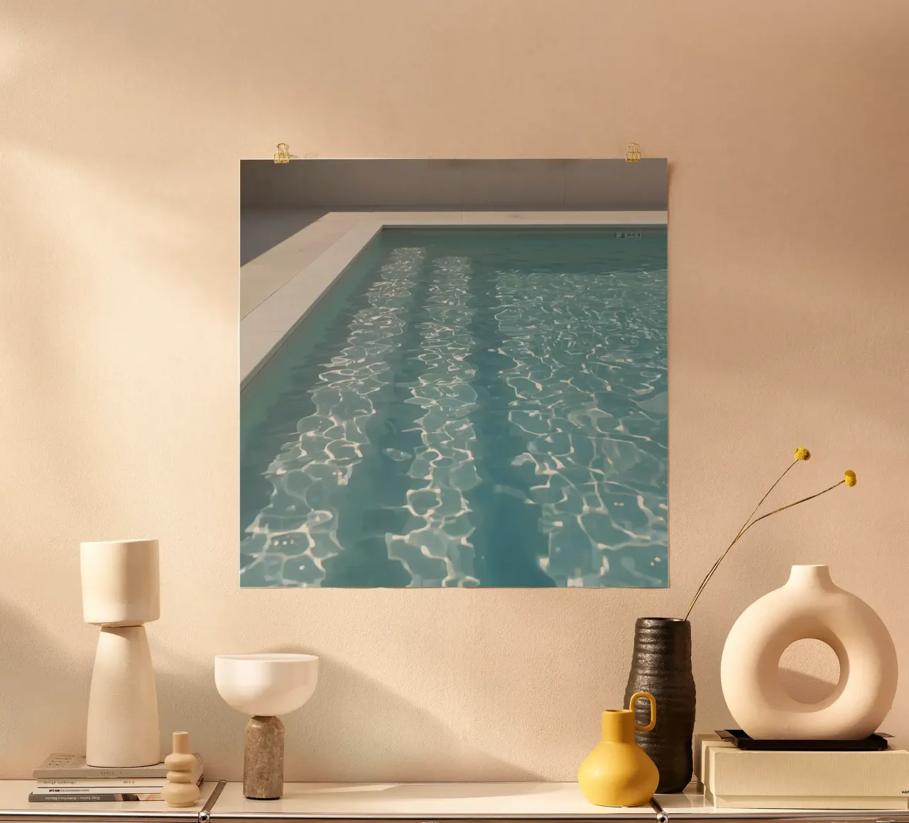 Piscina rettangolare con acqua blu e bordo in pietra poster da DesignDoodle