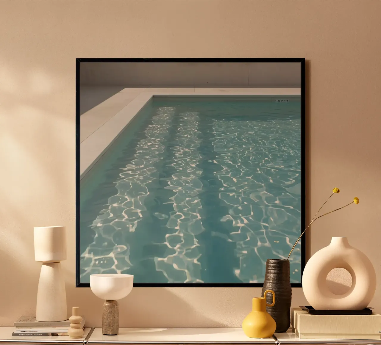 Piscina rettangolare con acqua blu e bordo in pietra poster da DesignDoodle