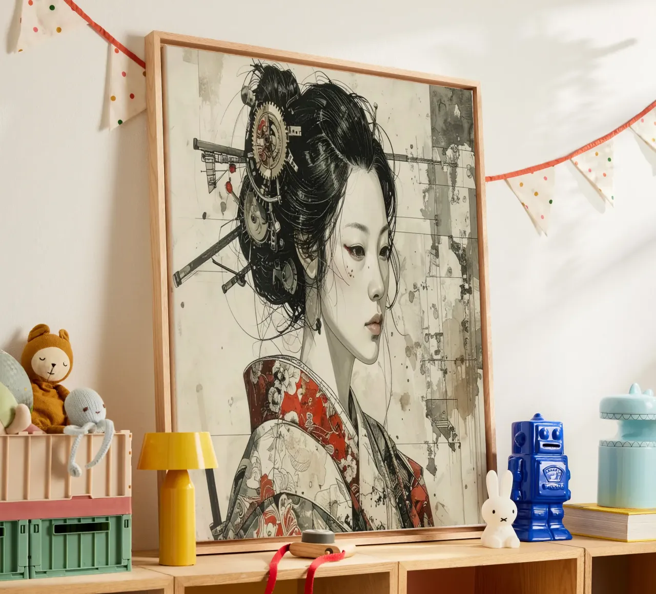 Middeleeuwse Japanse vrouwen en radertjes canvas met Baklijst van pixel