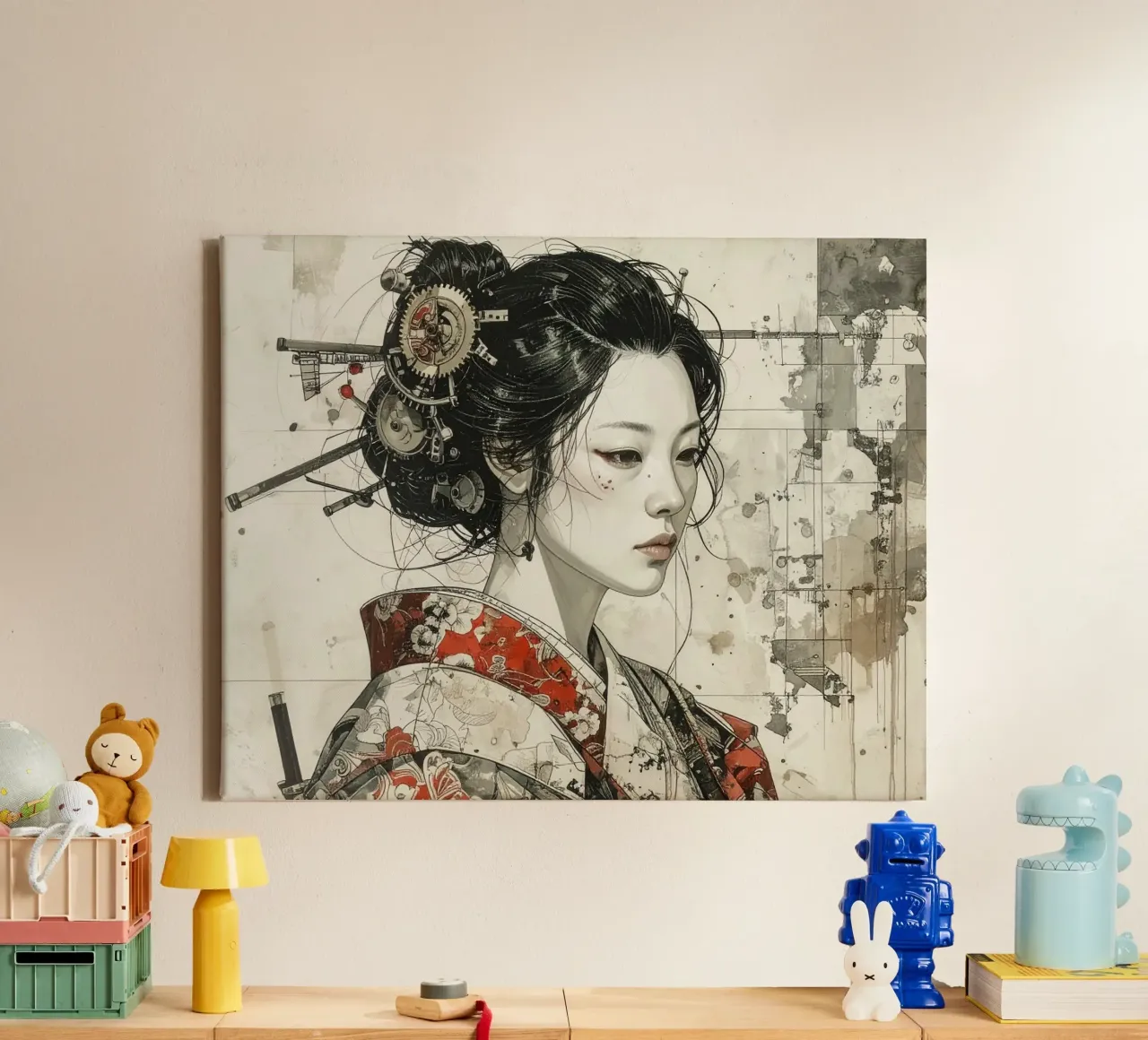 Middeleeuwse Japanse vrouwen en radertjes canvas met Baklijst van pixel