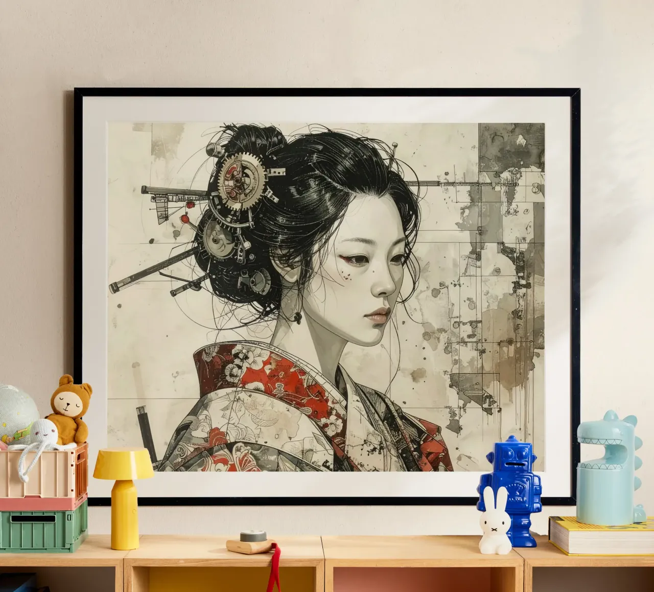 Donne e ingranaggi del Giappone medievale poster con telaio in plastica da pixel