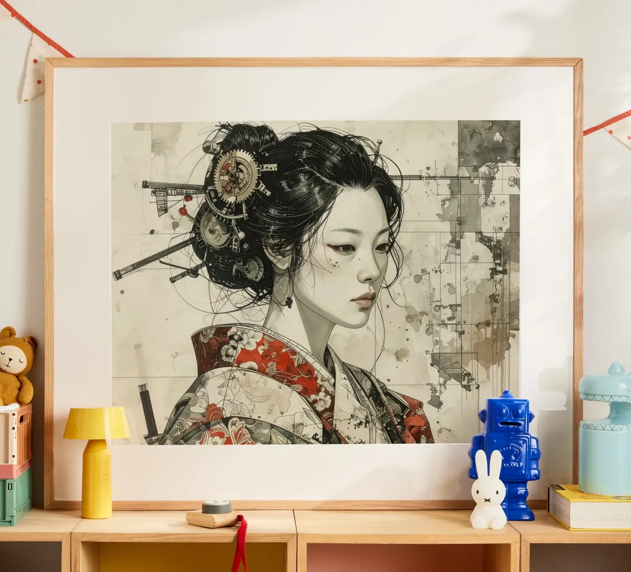 Donne e ingranaggi del Giappone medievale poster con telaio in plastica da pixel