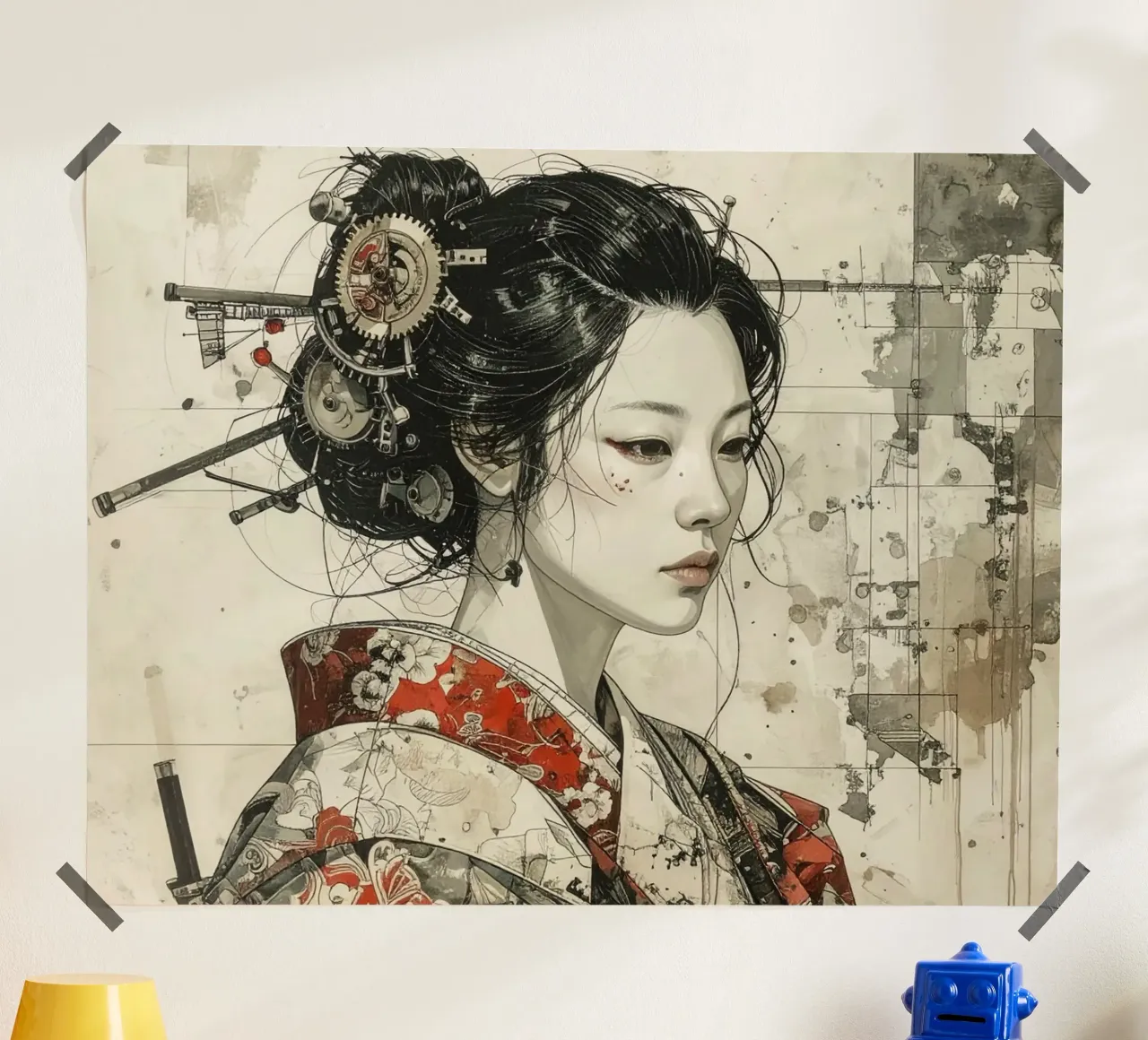 Donne e ingranaggi del Giappone medievale poster con telaio in plastica da pixel