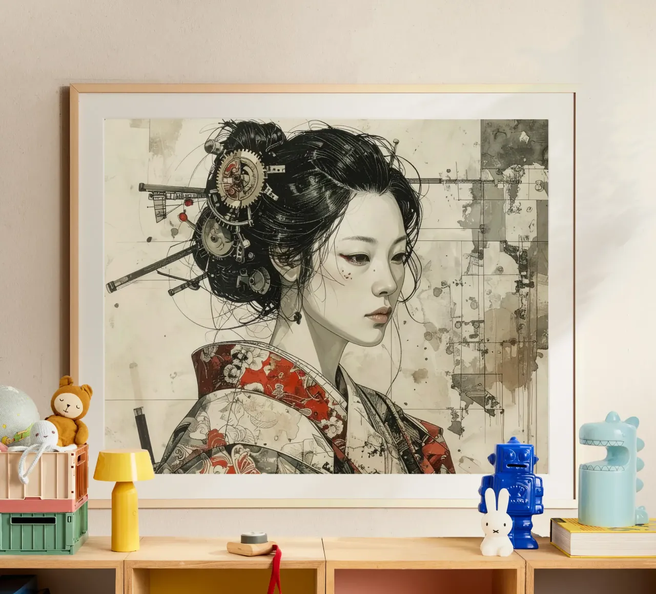 Donne e ingranaggi del Giappone medievale poster con telaio in plastica da pixel