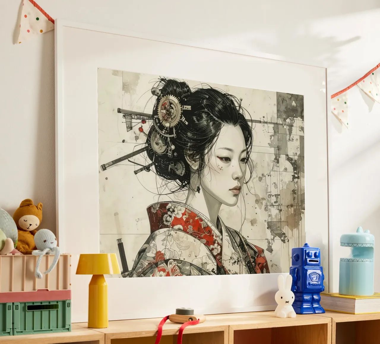 Donne e ingranaggi del Giappone medievale poster con telaio in plastica da pixel