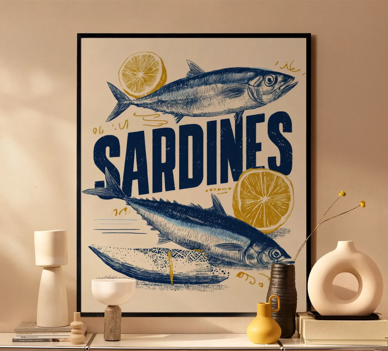 Fisch Sardinen & Zitrone Küche Kunst Coastal Marine Wall Print Poster von Kaji