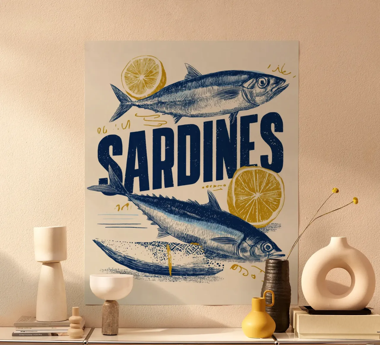 Fisch Sardinen & Zitrone Küche Kunst Coastal Marine Wall Print Poster von Kaji