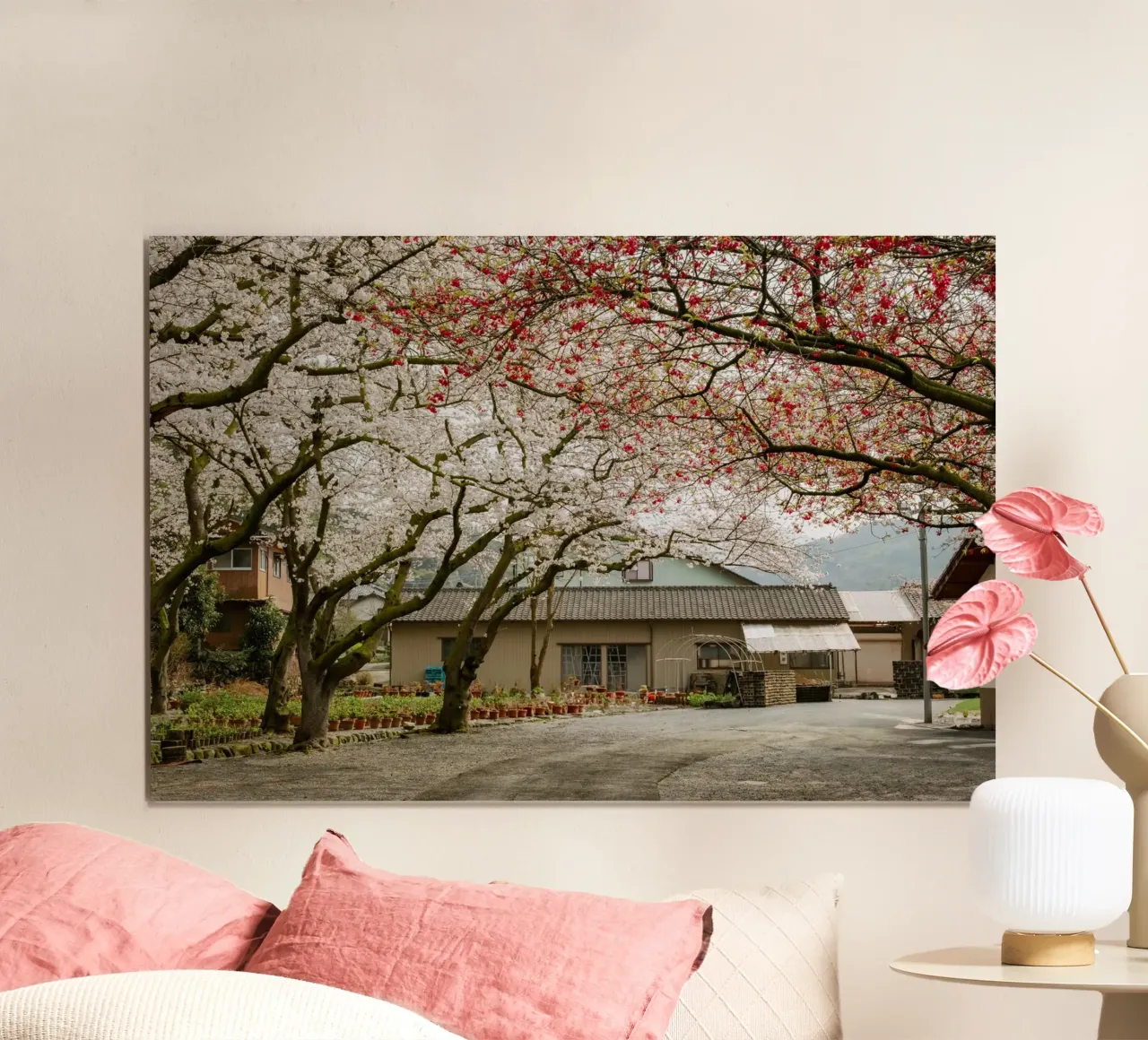 Via dei ciliegi in fiore a Kyushu, Giappone poster con telaio in legno da Marcel Bisig