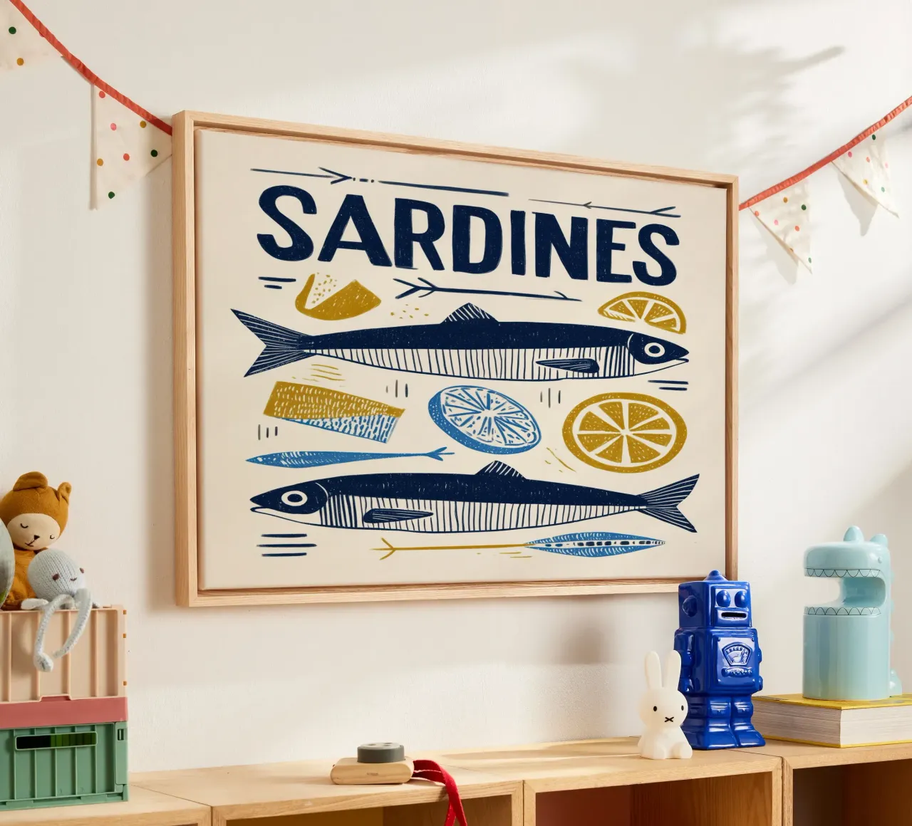 Minimalistische niedliche Sardine Fisch & Zitrone Küsten Marine Wandkunst Leinwand mit Schattenfugenrahmen von Kaji