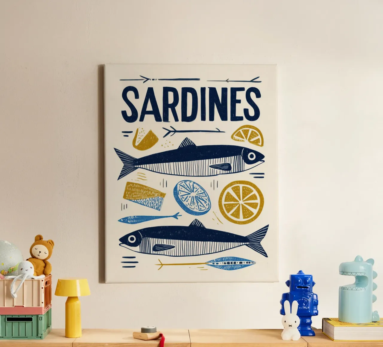 Minimalistische niedliche Sardine Fisch & Zitrone Küsten Marine Wandkunst Leinwand mit Schattenfugenrahmen von Kaji