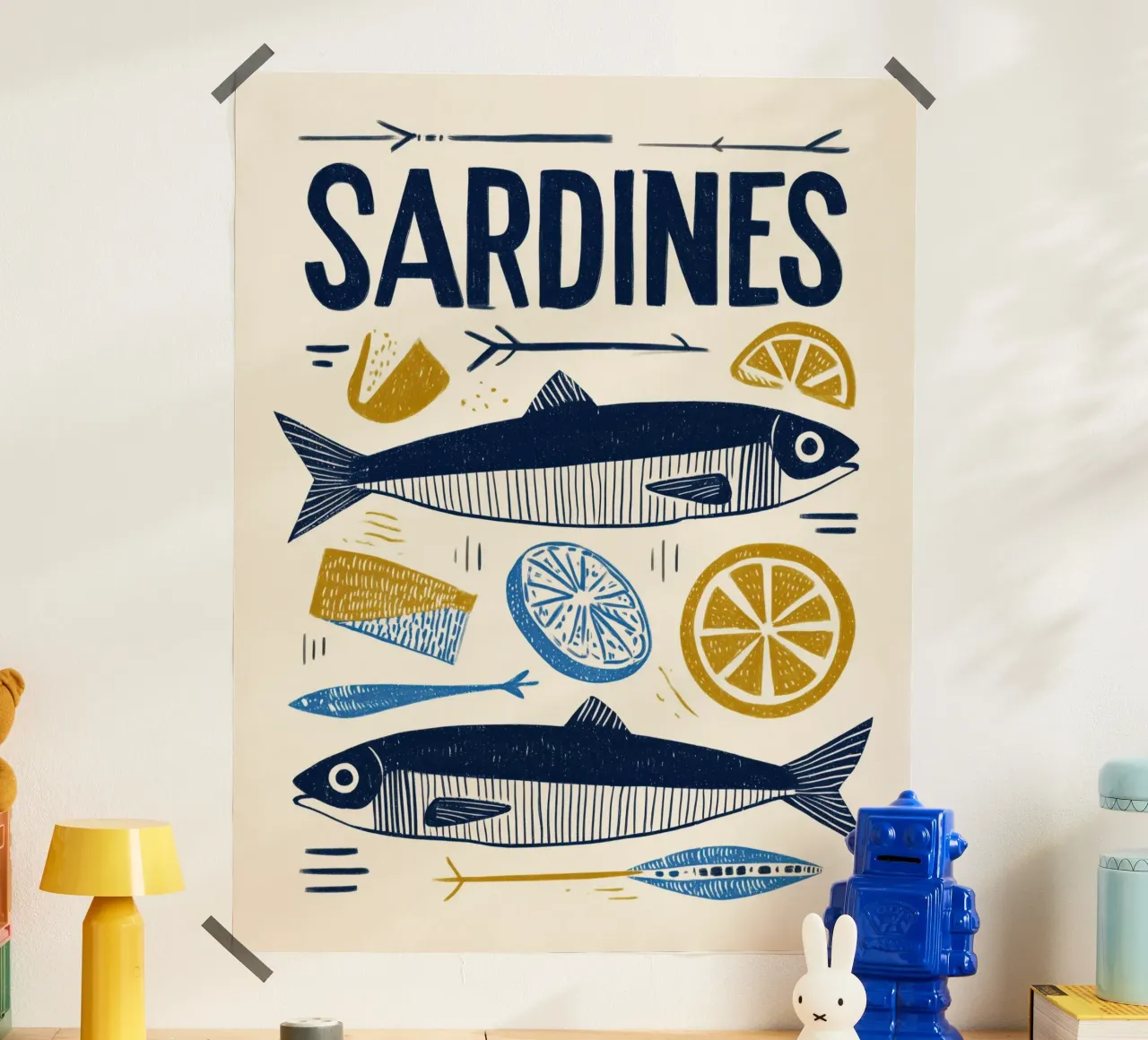 Minimalistische niedliche Sardine Fisch & Zitrone Küsten Marine Wandkunst Poster von Kaji