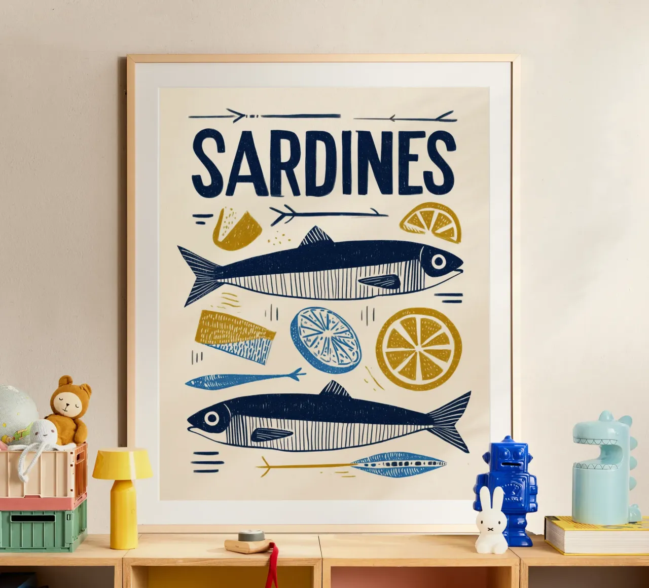 Minimalistische niedliche Sardine Fisch & Zitrone Küsten Marine Wandkunst Poster von Kaji