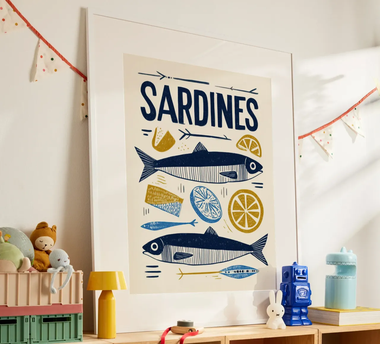 Minimalistische niedliche Sardine Fisch & Zitrone Küsten Marine Wandkunst Poster von Kaji