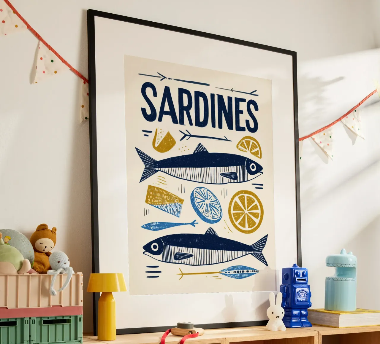 Minimalistische niedliche Sardine Fisch & Zitrone Küsten Marine Wandkunst Poster von Kaji
