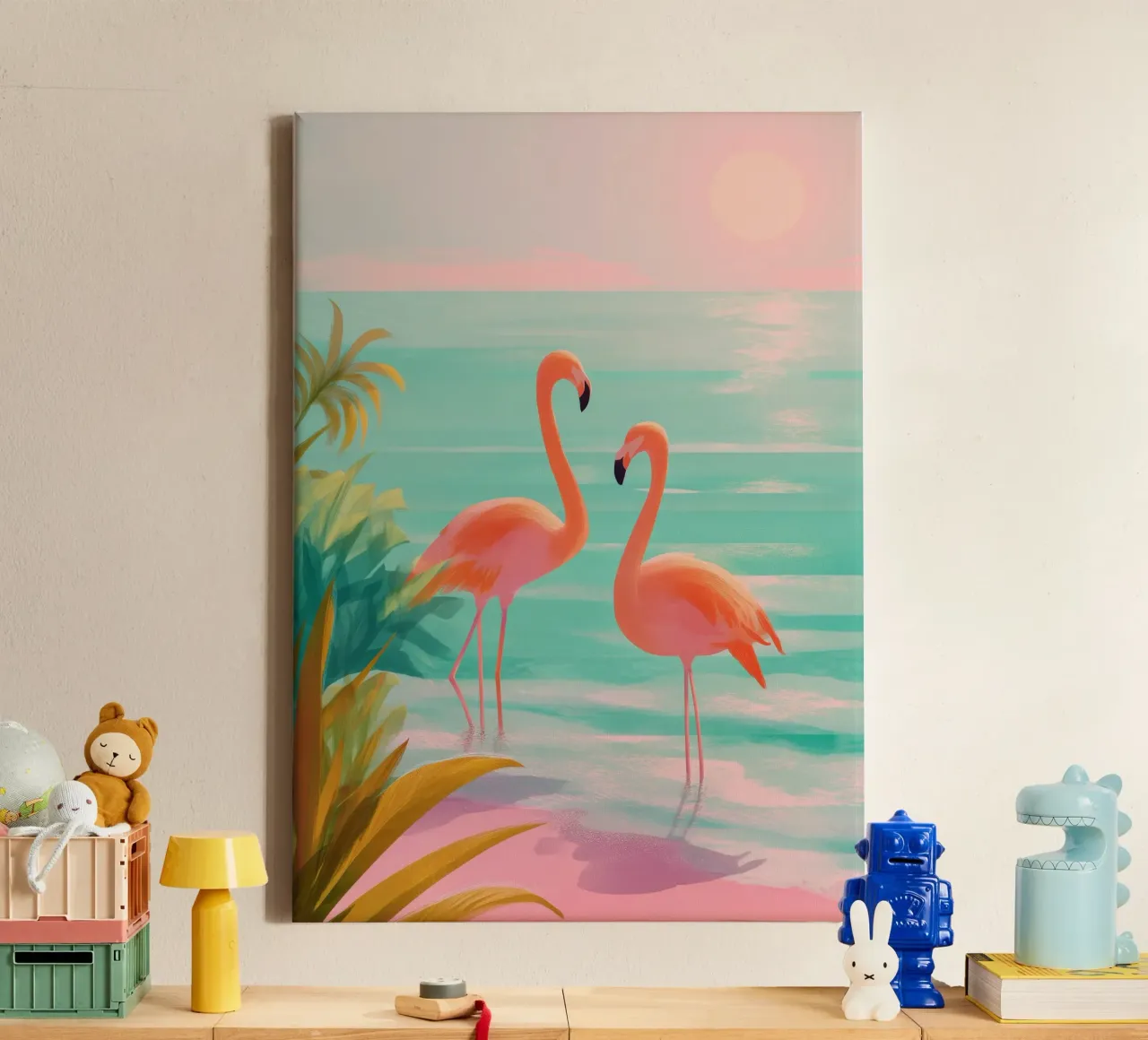 Pink Horizon – Flamingos at Dusk tela con Cornice a cassetta da Dune