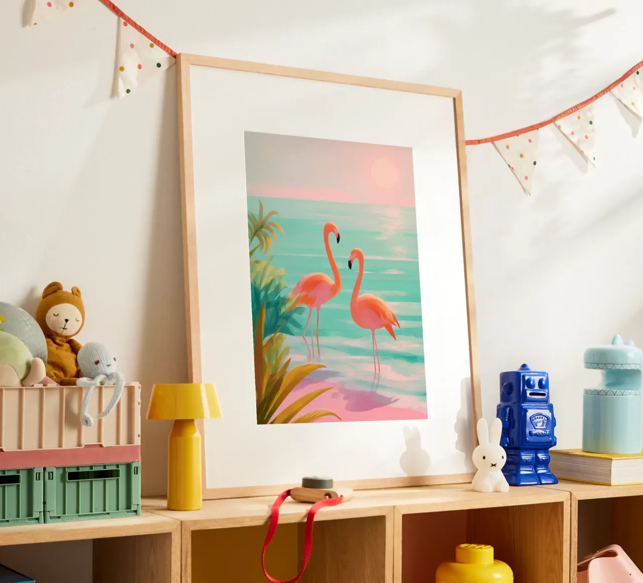 Pink Horizon – Flamingos at Dusk poster con telaio in legno da Dune
