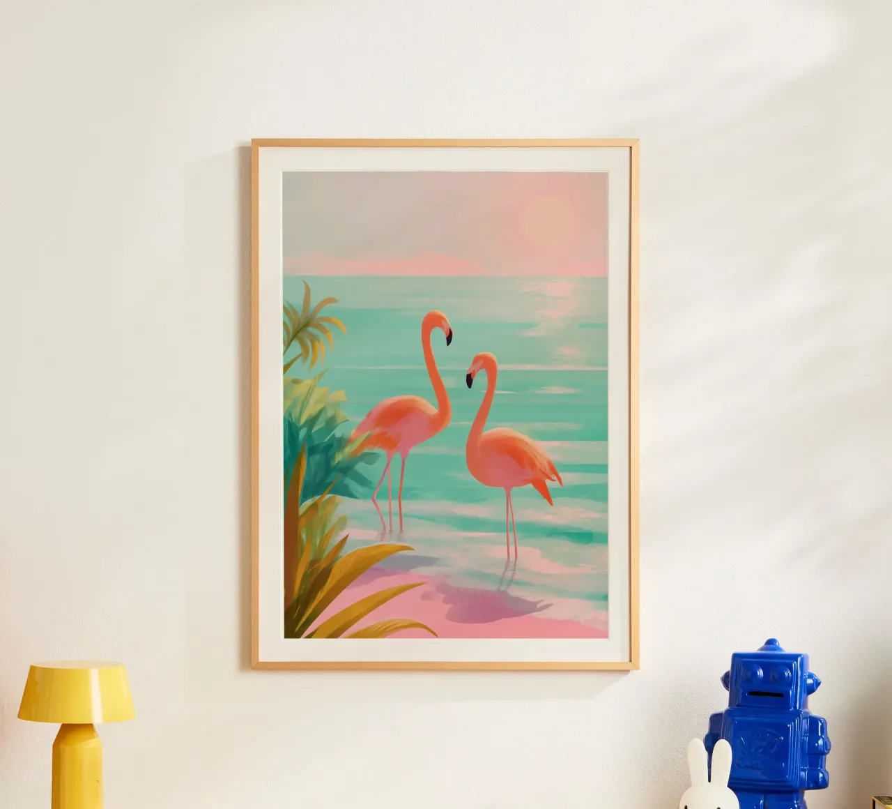 Pink Horizon – Flamingos at Dusk poster con telaio in legno da Dune