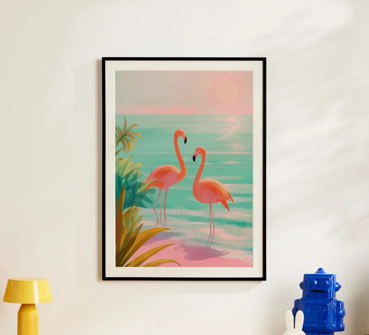 Pink Horizon – Flamingos at Dusk poster con telaio in legno da Dune