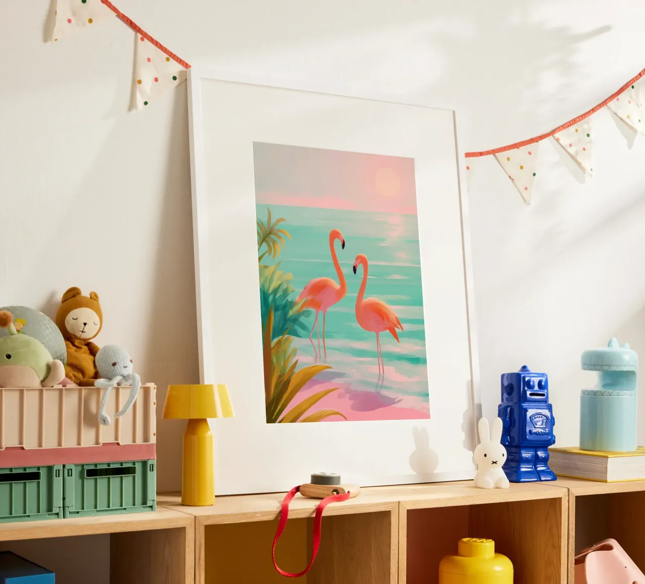 Pink Horizon – Flamingos at Dusk poster con telaio in legno da Dune