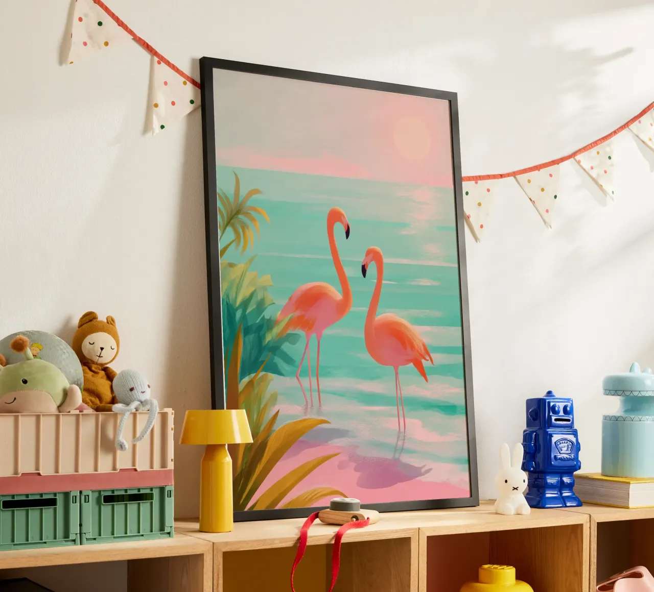 Pink Horizon – Flamingos at Dusk poster con telaio in legno da Dune