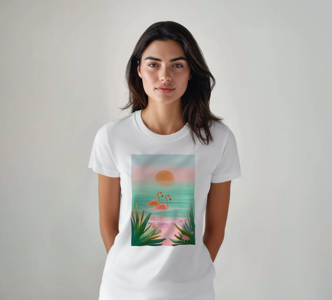 Sunset Bloom – Flamingos in a Blush Lagoon t-shirt da Dune