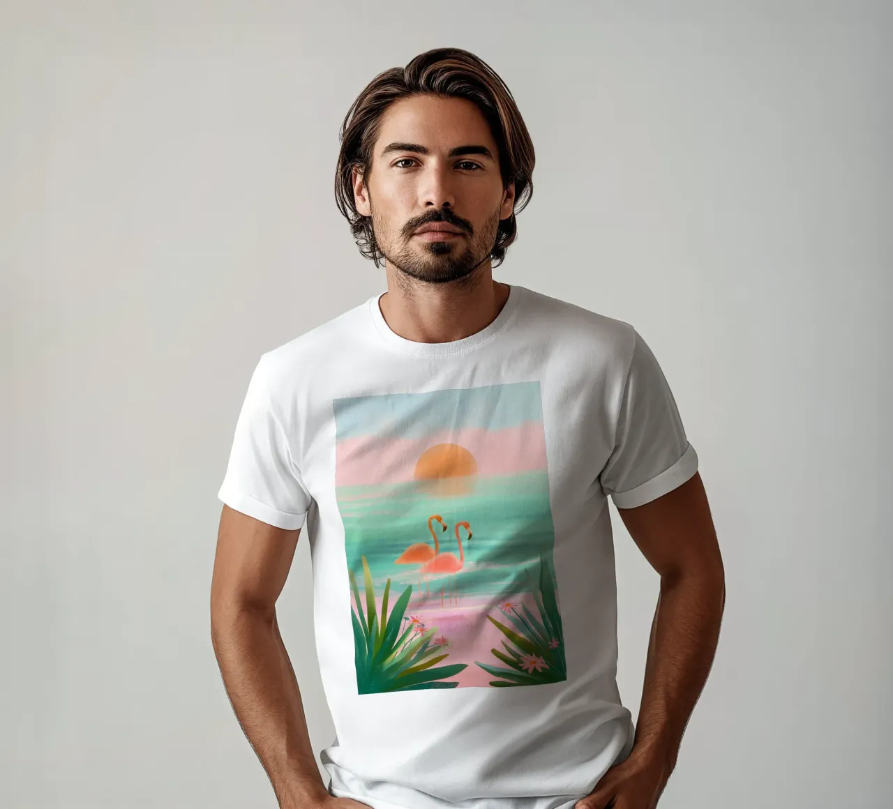 Sunset Bloom – Flamingos in a Blush Lagoon t-shirt da Dune