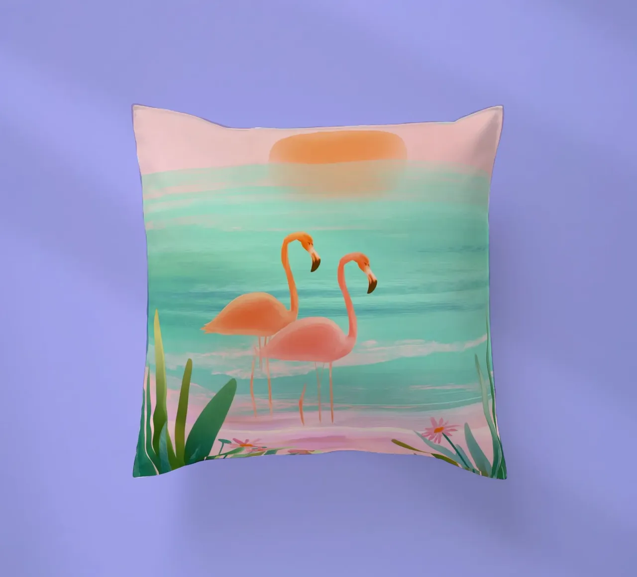 Sunset Bloom – Flamingos in a Blush Lagoon cuscino da Dune