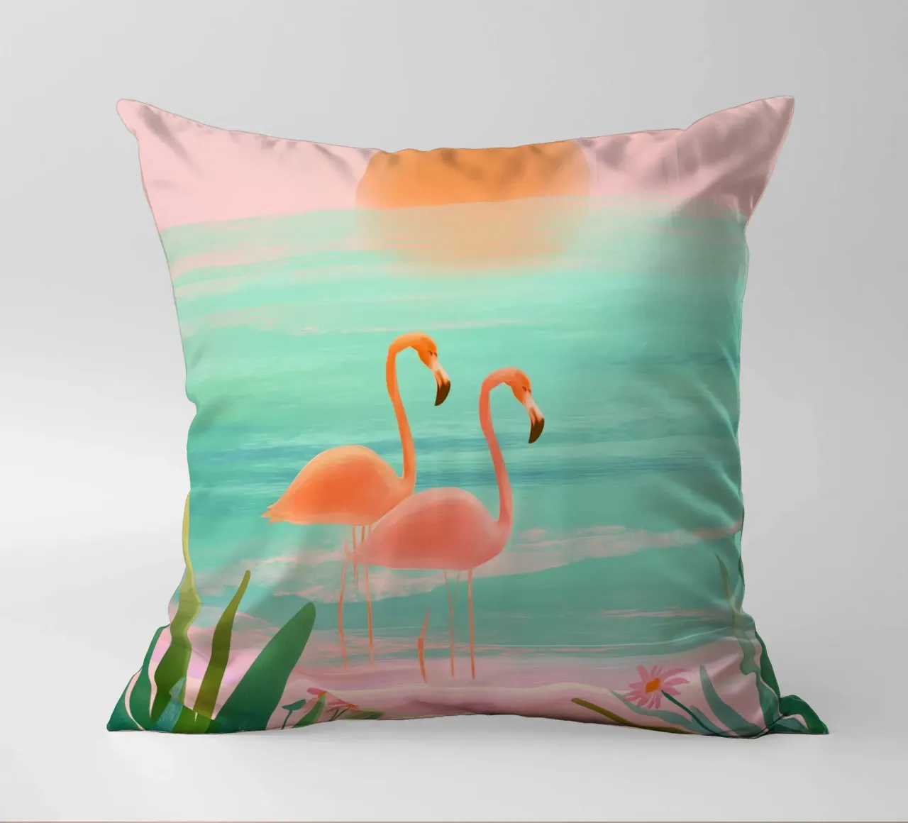 Sunset Bloom – Flamingos in a Blush Lagoon cuscino da Dune