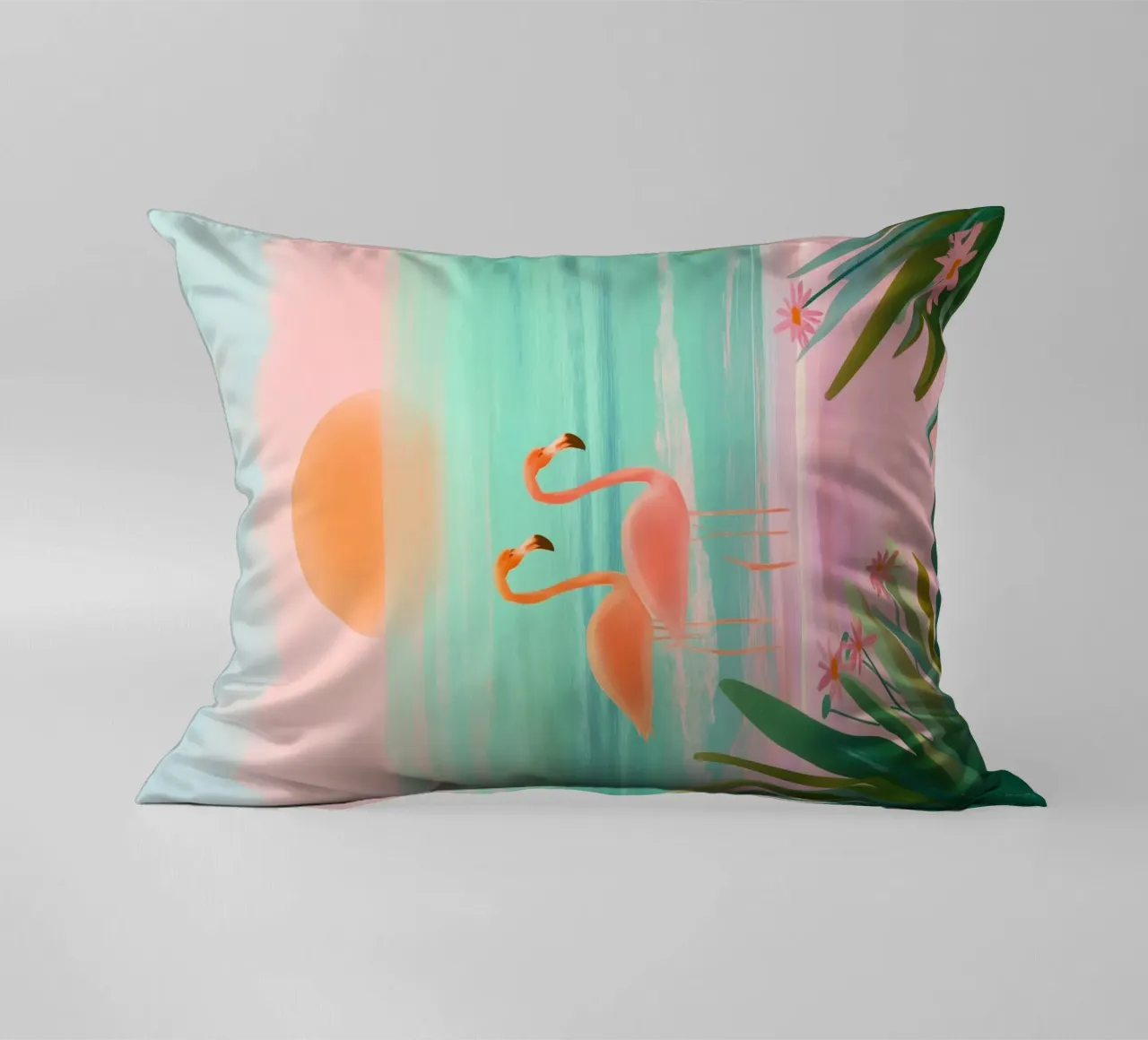 Sunset Bloom – Flamingos in a Blush Lagoon cuscino da Dune