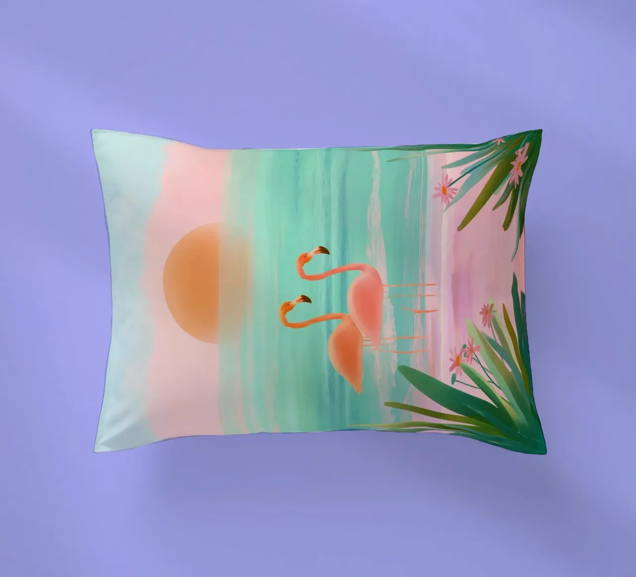 Sunset Bloom – Flamingos in a Blush Lagoon cuscino da Dune