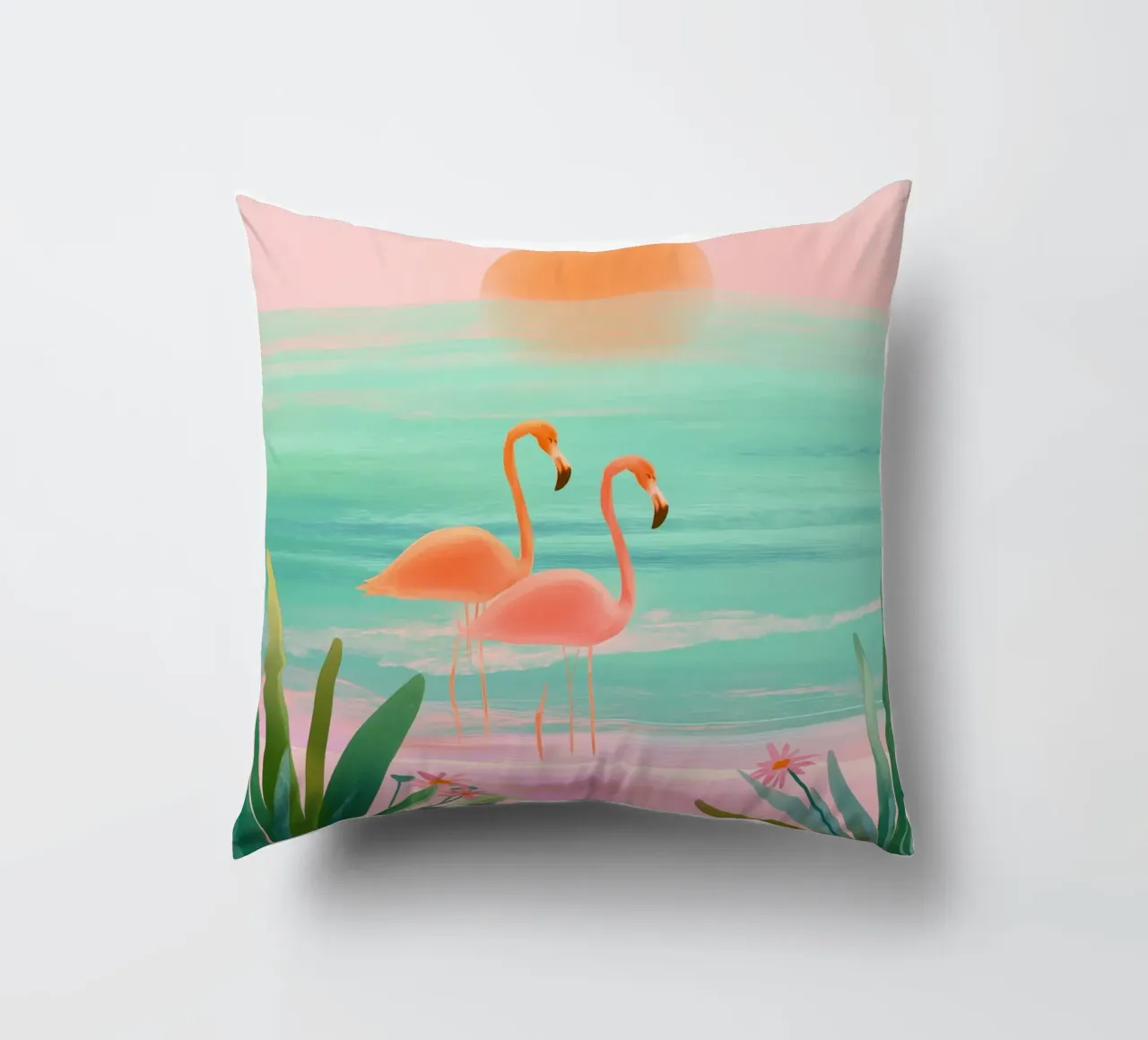 Sunset Bloom – Flamingos in a Blush Lagoon cuscino da Dune