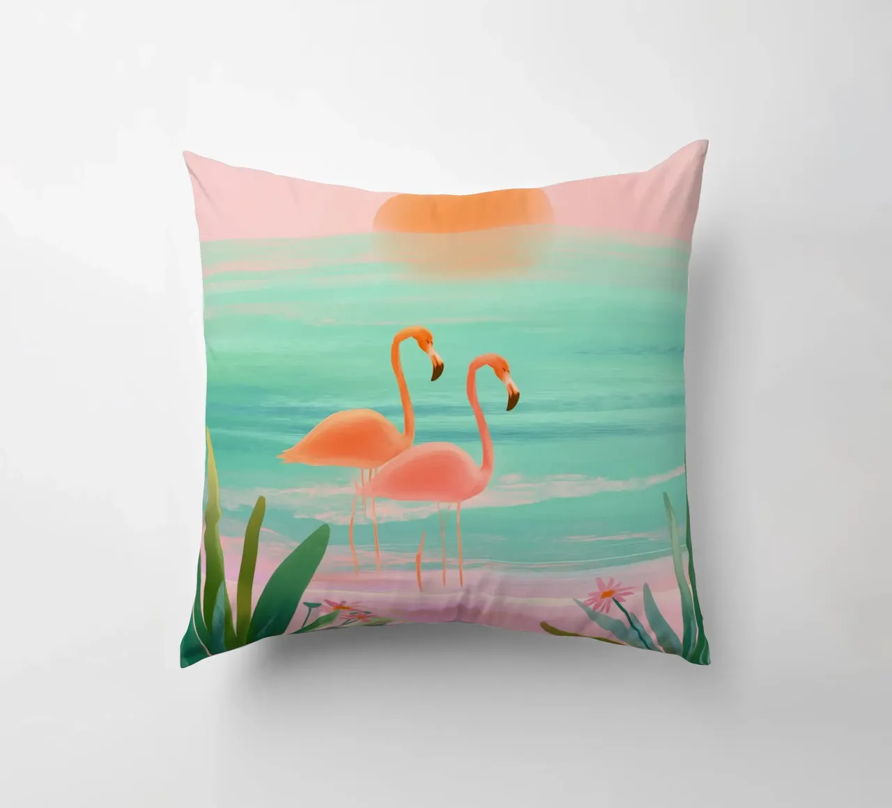 Sunset Bloom – Flamingos in a Blush Lagoon cuscino da Dune