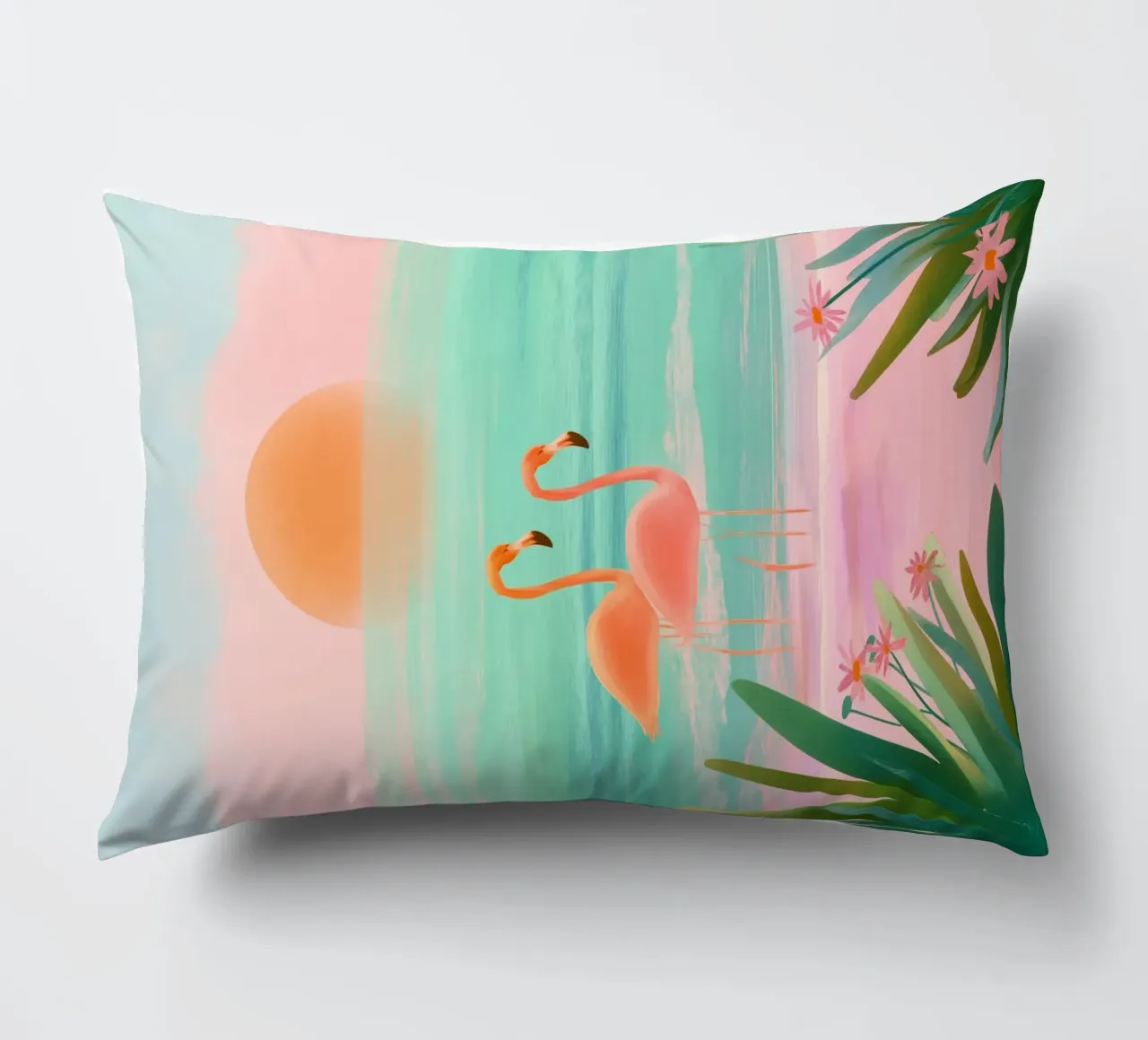 Sunset Bloom – Flamingos in a Blush Lagoon cuscino da Dune