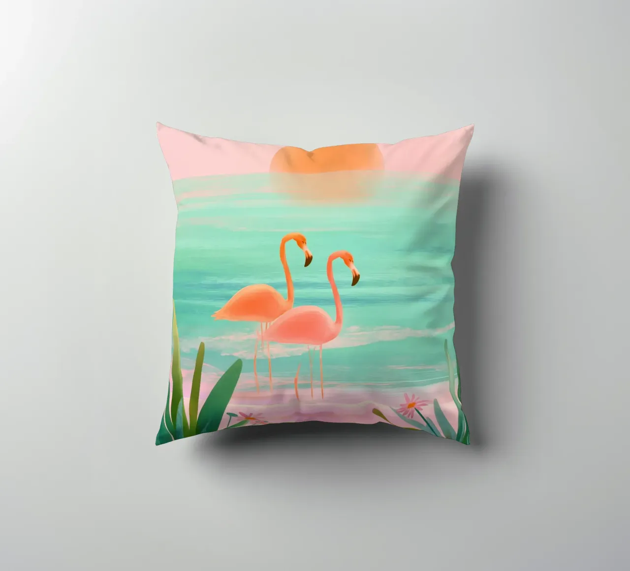 Sunset Bloom – Flamingos in a Blush Lagoon cuscino da Dune