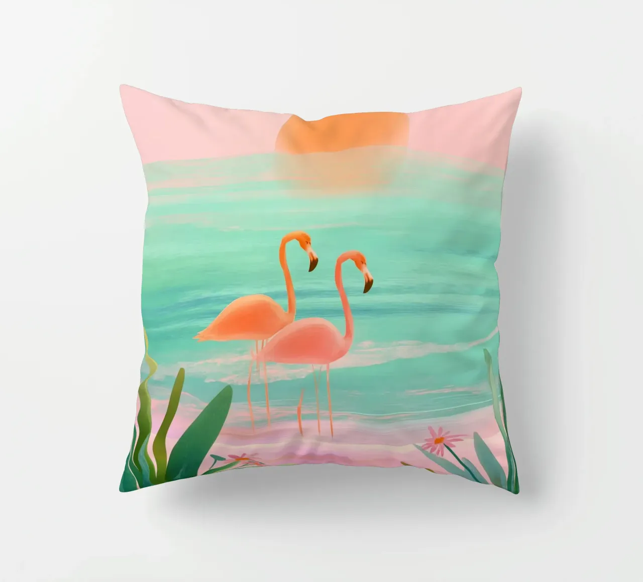 Sunset Bloom – Flamingos in a Blush Lagoon cuscino da Dune